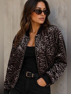 Johnny Was Velvet Leopard Print Quilted Bomber Jacket XS